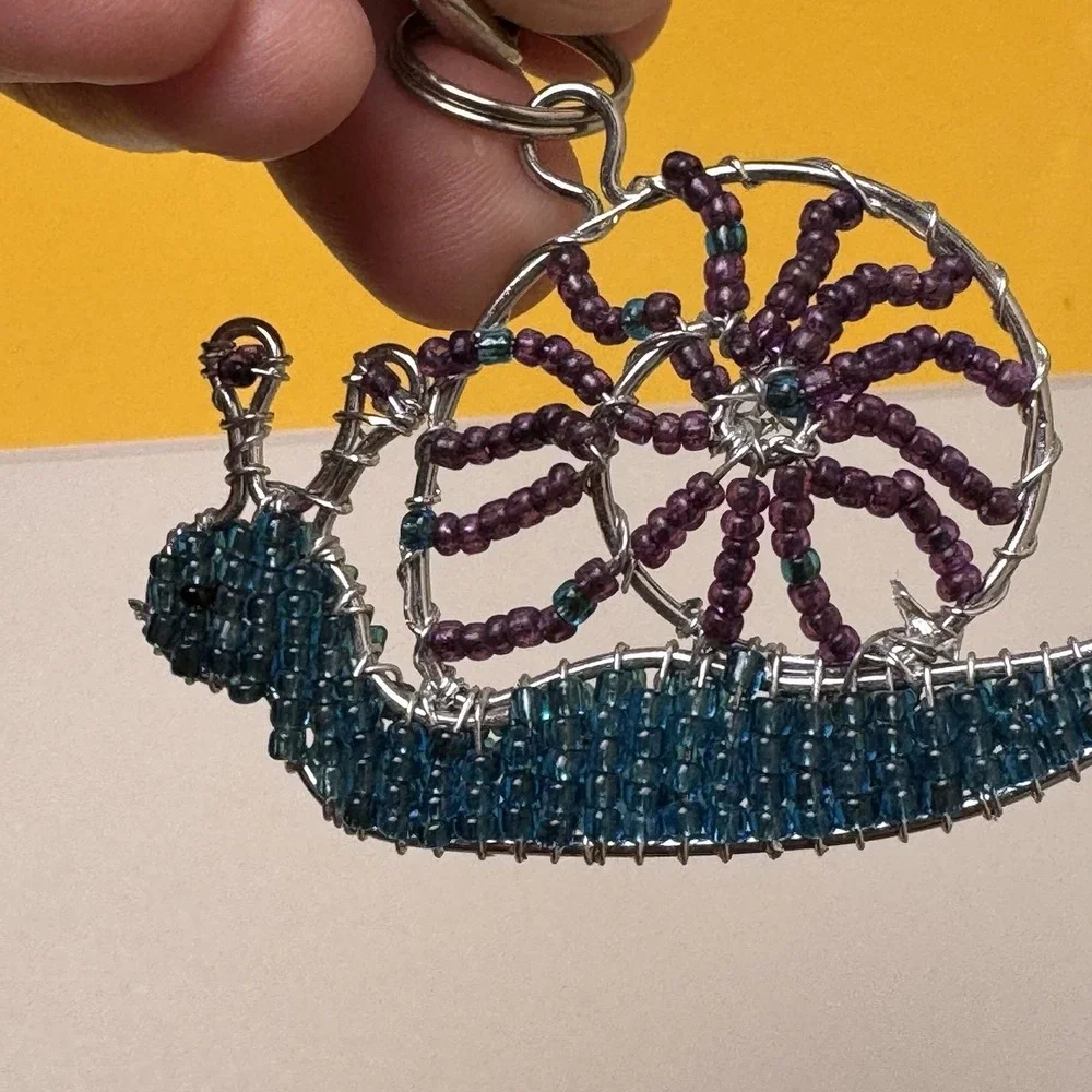 Handmade Beaded Snail Keychain Purse‎ Charm Blue Purple Wire Wrapped Art